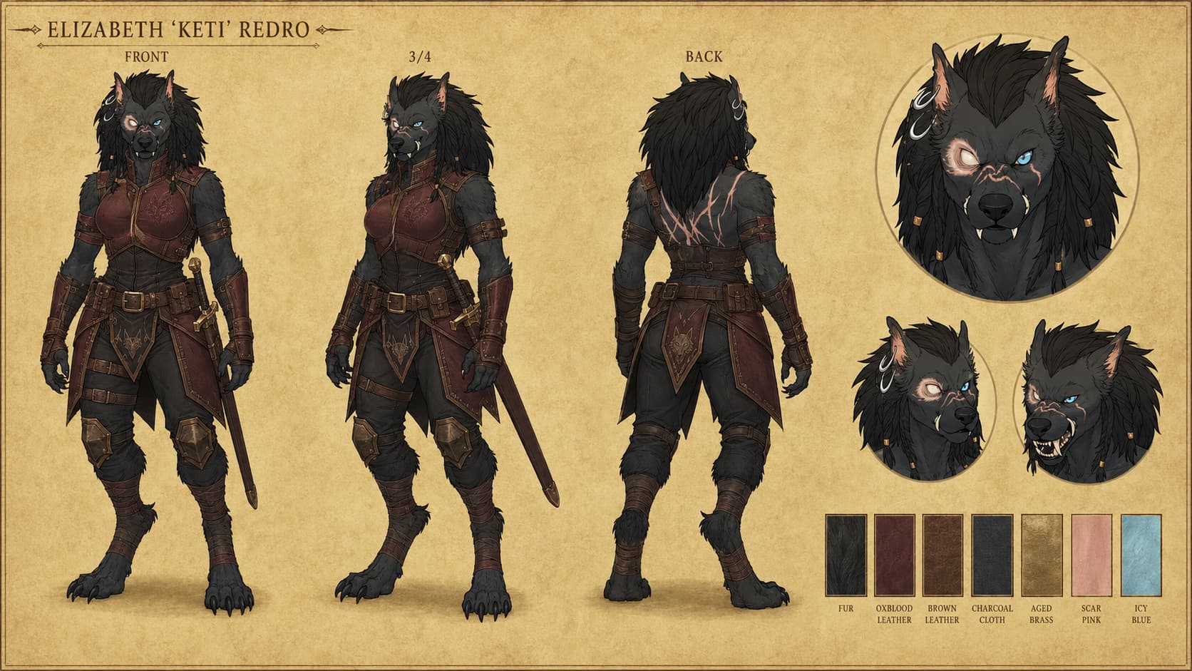 Elizabeth 'Keti' Redro character sheet — black-furred Worgen in oxblood leather armor with icy blue eyes
