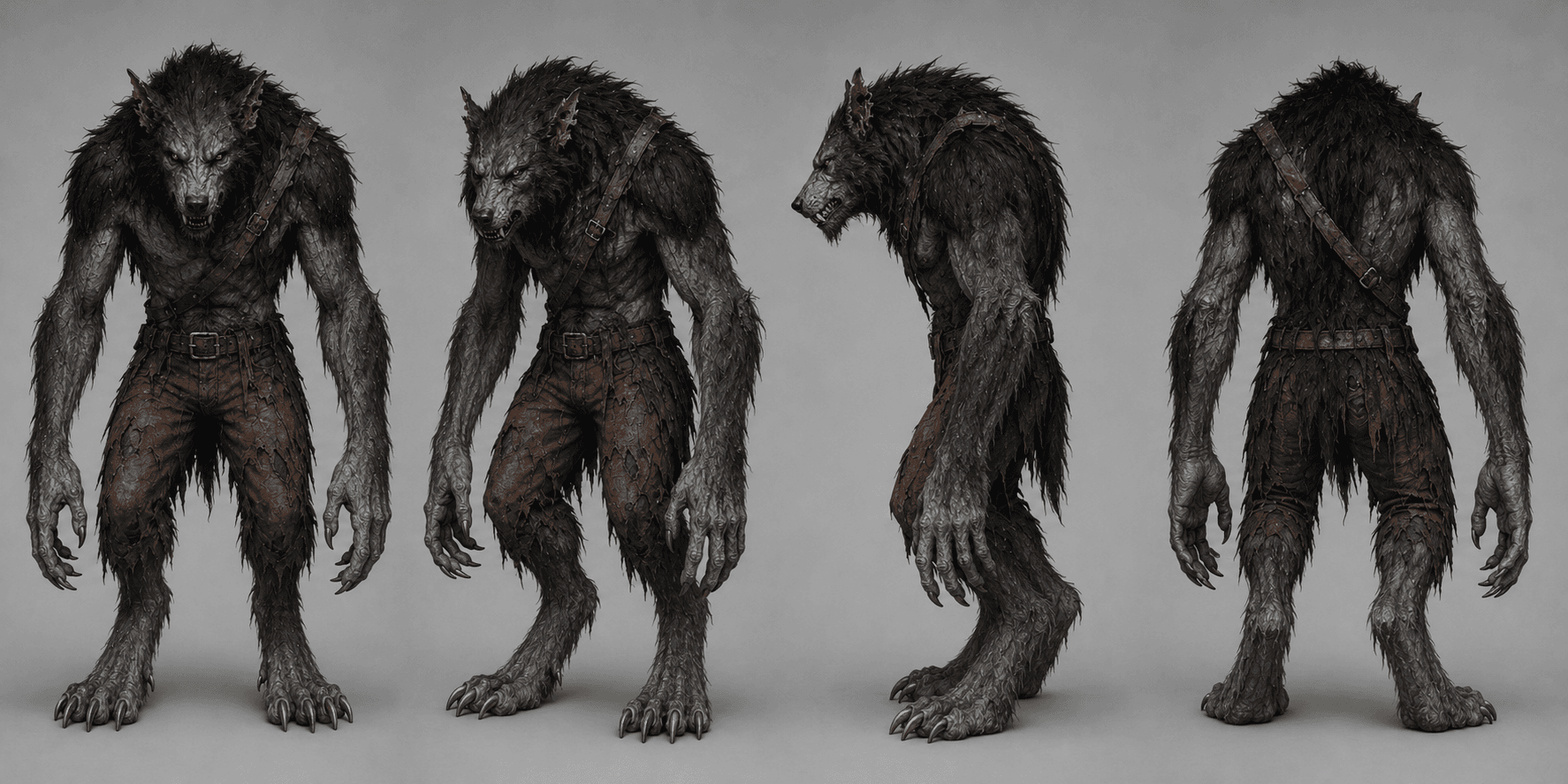 The feral Worgen character turnaround — grey fur, torn leathers, feral posture